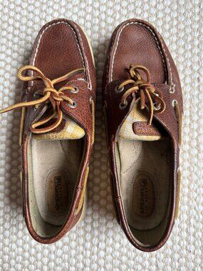 Sperry | Boat Shoes Brown Leather Yellow Plaid Preppy Casual | Size 7.5